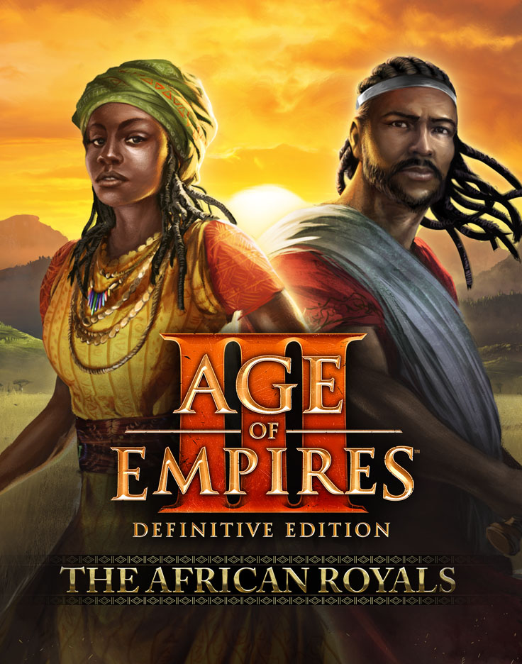 Box art for The African Royals showing African royalty with sunset background and Age II DE logo