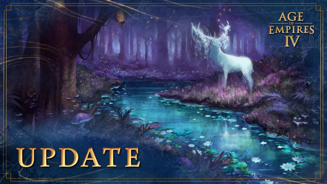 Image of a white deer and magical forest surrounding it with the word "update"